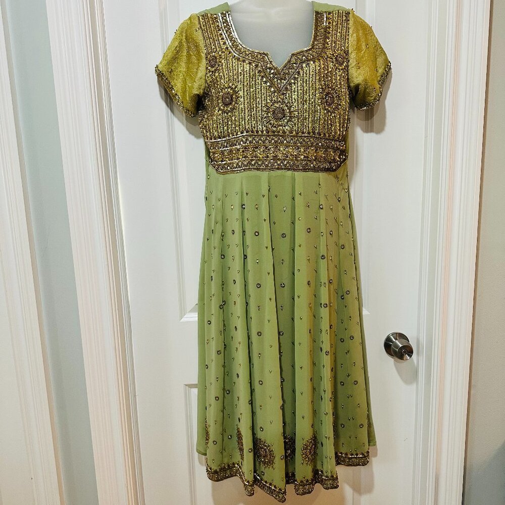 Custom Made Midi Dress Mint Green Chiffon w/Gold Embellished, Size 10